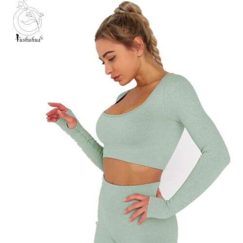 Sexy low collar Seamless Long Sleeve Crop Top Yoga Top Sportswear Gym Workout Short Sleeve Shirts Push Up Sports Bra Workout Top