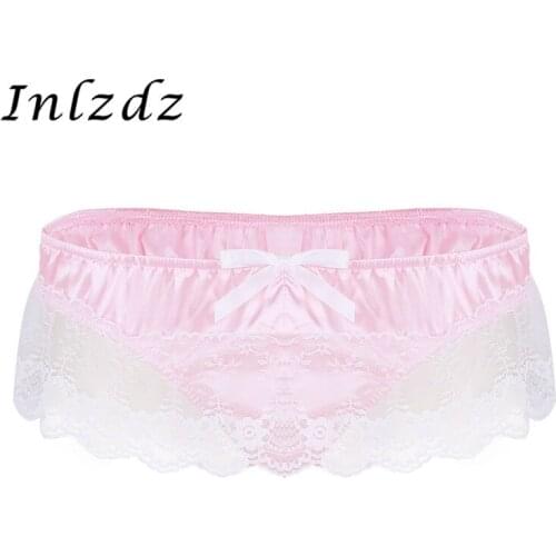 Mens Sissy Panties Shiny Soft Satin Lingerie Ruffled Floral Lace High Cut Low Rise Bikini G-string Thong Gay Underwear Panties