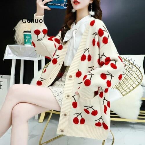 Fruit Printting Knitted Women Sweater Cardigans Single Breasted Long Sleeve Cardigans Korean Style Loose Sweater Tops