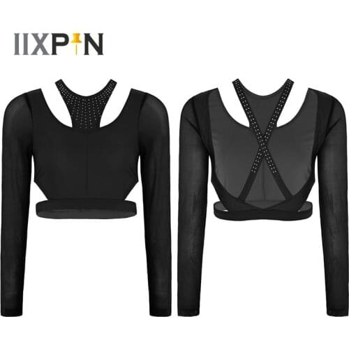 Ballet Leotard Women Shiny Rhinestones Cutout Neckline Long Sleeves Back Crossed Crop Tops for Ballet Dance Stage Performance