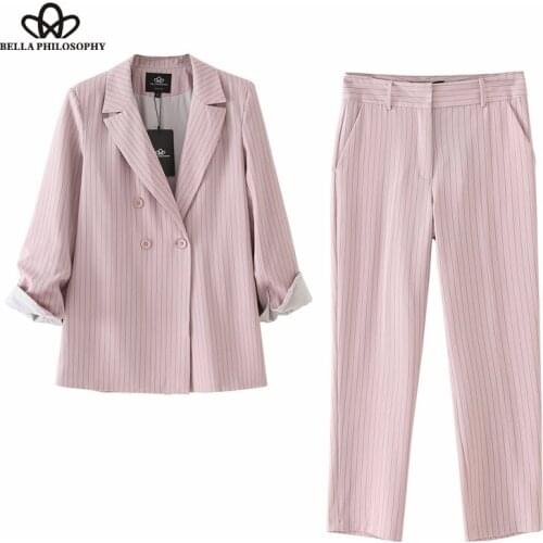 HStar Women autumn winter Striped Pink Blazer Thin Jacket Turn Down Collar Female Blazer Casual office Ladies Suit