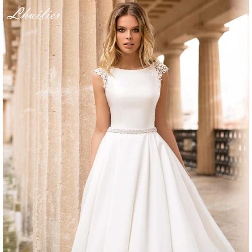 Lhuilier Womens A Line Satin Wedding Dresses Cap Sleeves Floor Length Scoop Neck V Back Bridal Gowns with Beading Belt