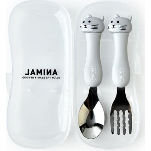 2 Pcs Cartoon Cute Spoon Fork Set Stainless Steel Baby Tableware Training Learning Feeding Scoop Fork Utensils
