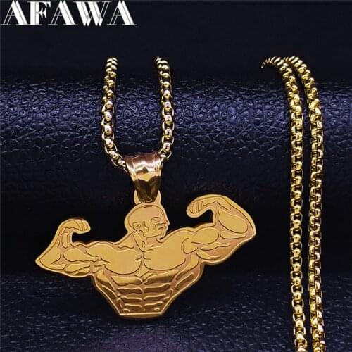 2021 Fitness Muscle Man Stainless Steel Gold Color Necklace Pendant Men Jewelry cadenas de acero inoxidab NXH38S02