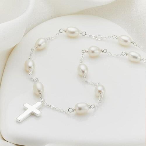2021 New Fashion Simple Pearl Stainless Steel Cross Pendant Necklace Bracelet Cute Childrens Jewelry Girl Gift Accessories