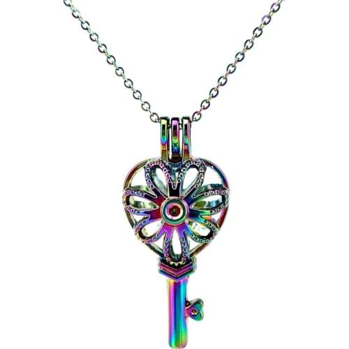 C882 COLORS Key Big Flower Cage Necklace Pendant Aroma Essential Oil Diffuser Locket Necklace