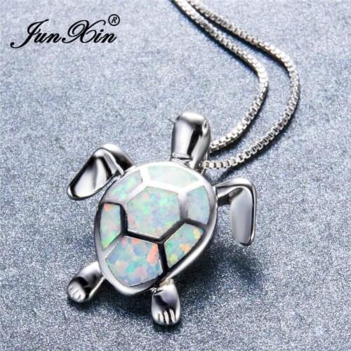 JUNXIN Cute Turtle Pendants Silver Color Animal Choker Mystic White Fire Opal Necklaces For Women Gifts For Lovers