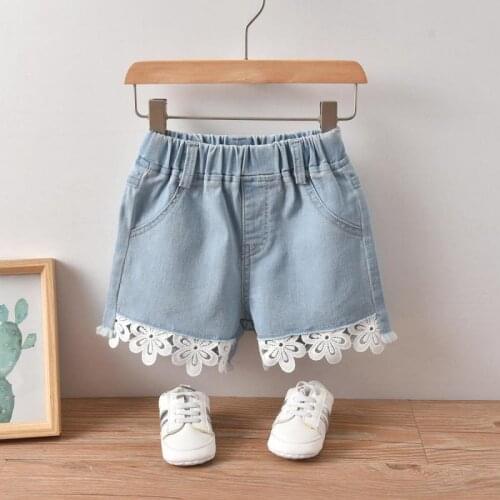 Girls Denim Shorts Kids Clothes Fashion Korean Style Lace Jeans 2021 Summer New Thin Soft Cotton Shorts 2-6y Childrens Clothing
