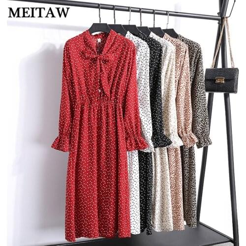 Elegant Bow Chiffon Dress 2020 Casual Long Sleeve Office Midi Dress Vintage Floral Print Party Dresses Vestidos