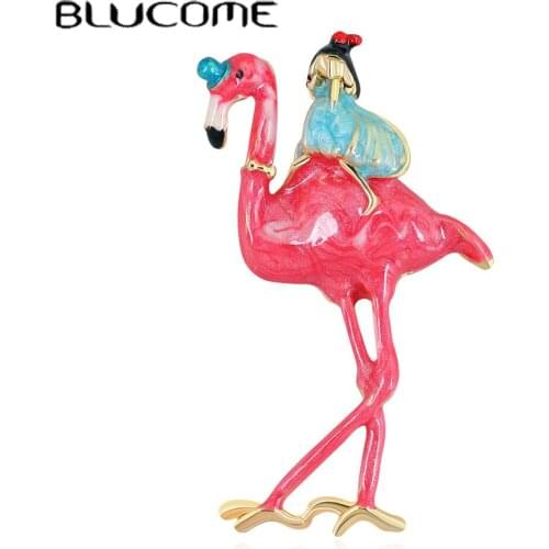 Blucome Enamel Pink Flamingo With Girls Brooch Corsage Gold Color Animal Figure Brooches For Women Kids New Year Gifts