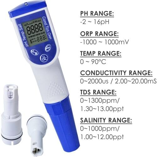 Taiwan Made pH Meter 6-in-1 Pentype Conductivity Tester Temperature TDS ORP Salinity Water Quality IP57 Design