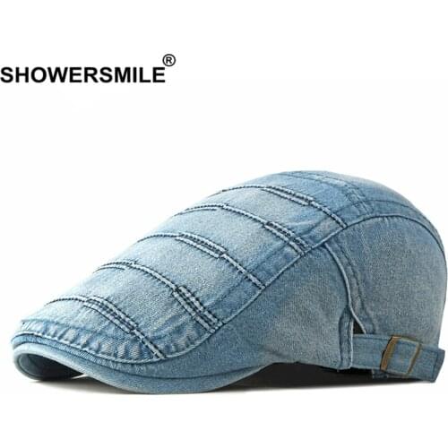 SHOWERSMILE Denim Women Men Flat Cap Light Blue Spring Summer Adjustable Retro Beret Femme Blue High Quality Ivy Hat