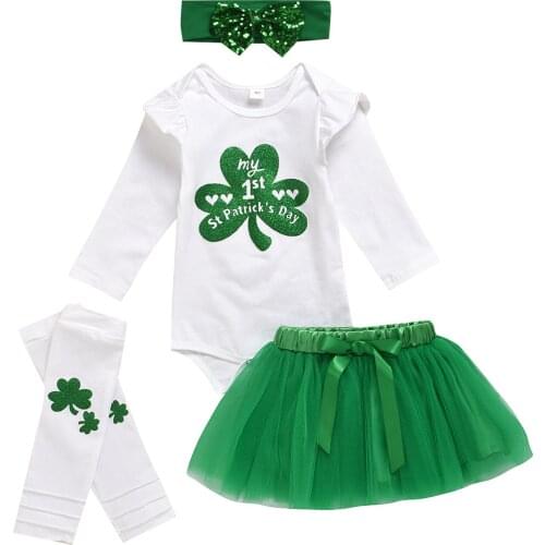 Baby Girl My 1st St. Patricks Day Outfit Shamrock Print Romper+Tutu Skirt+Headband+Leg Warmers 4-piece Outfit Set
