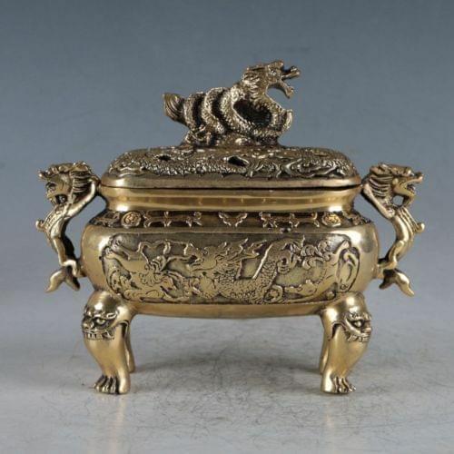 Chinese Rare Brass Dragon Incense Burner Made During The Daming Xuande