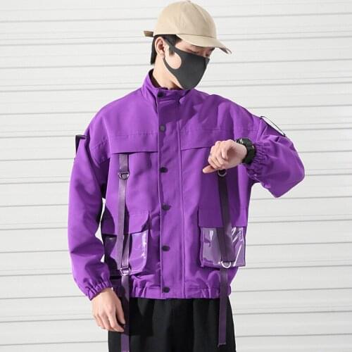 2020 Autumn Men Military Jacket Coats Casual Ribbons Pockets Overalls Bomber Frock Hip Hop Streetwear Man Outwear