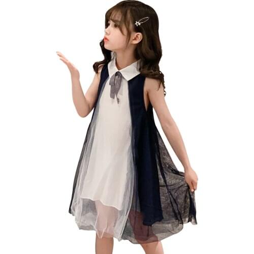 Summer Dresses For Girls Mesh Dress For Girl Turn Down Collar Children Party Dresses With Bow Patchwork Childrens Clothing