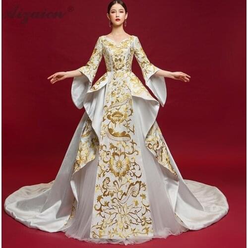 Fashion V Neck Long Cheongsam China Embroidery Evening Dress Qipao Women Traditional Chinese Clothing Oriental Stage Gown Qi Pao