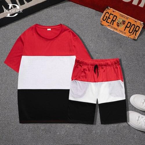 Casual Tracksuit Men Solid Patchwork Summer New Mens Jogger Sets T-shirt+Shorts Short Sleeve Sportswear Suit Two piece Clothing