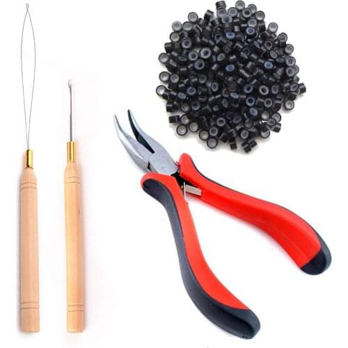 Micro Links Hair Extension Kit Tools 200 Pcs Micro Ring Beads With 1 Bend Tip Plier With 2 Hooks Needle Pulling Loop