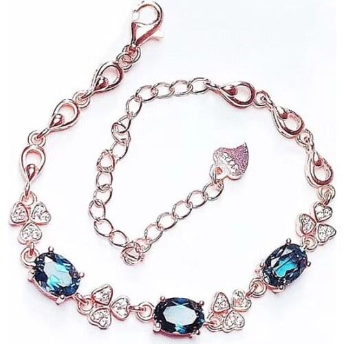 Natural London Topaz Women Chain Bracelets S925 Silver Real Blue Gemstones Fine Jewelry Gifts Top Quality 5*7MM Party Flower