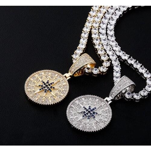 Hip Hop Blue Compass Shape Pendant Necklace With Chain For Men Gifts New Arrival Cubic Zirconia Necklace Jewelry