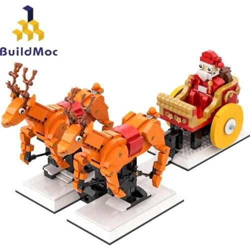 BuildMoc Christmas Set Santa Claus Sleigh MOC Reindeer Sled Ornament Building Blocks Santa Claus Figures Bricks Toys Gifts
