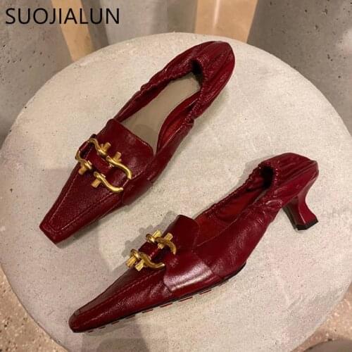 SUOJIALUN Woman Pump Fashion Brand Buckle Slip On Loafers 5cm Med Heel Point Toe Party Sandals Office Lady Dress Pump Shoes