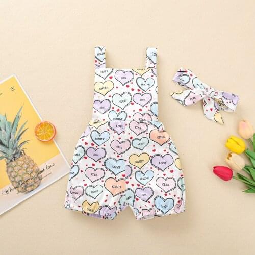 Telotuny Newborn Infant Baby Girls Lovely Heart Print Suspender Pant Short+headband Bodysuit Clothes Set Outfits 3-18m