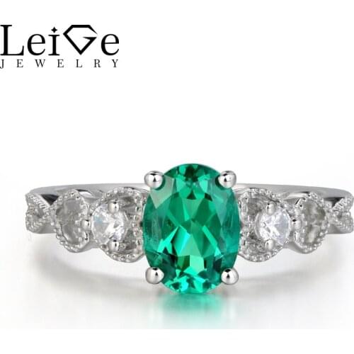 Leige Jewelry Emerald Ring for Women 925 Sterling Silver Jewelry Oval Cut Green Gemstone Wedding Engagement Rings May Birthstone