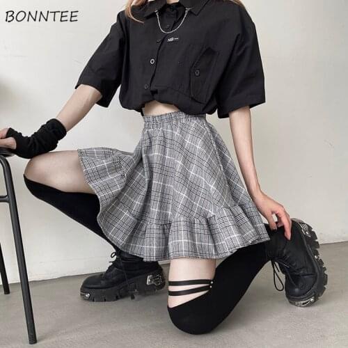 Skirts Women Ruffles Student High Elastic Waist Plaid Loose A-line Leisure All-match Summer Harajuku Sweet Fashion Mini Popular