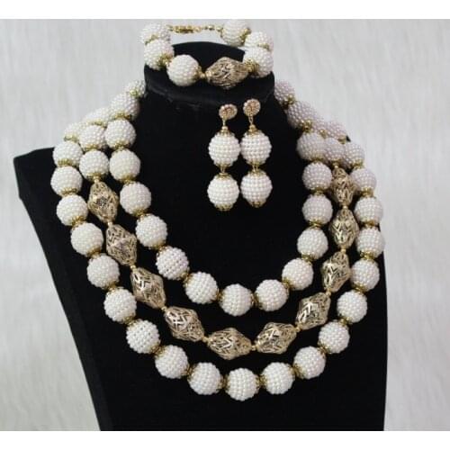 Jewelry Sets White & Gold 3 Layers African Women Necklaces Set 3 Pcs Nigerian Bridal Jewellery Set 2020 Acrylic Balls 2020 Gift