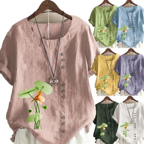 Fashion Summer Floral Print Womens Round Neck Short Sleeve T-shirt Casual Loose Solid Color Shirt Top Plus Size