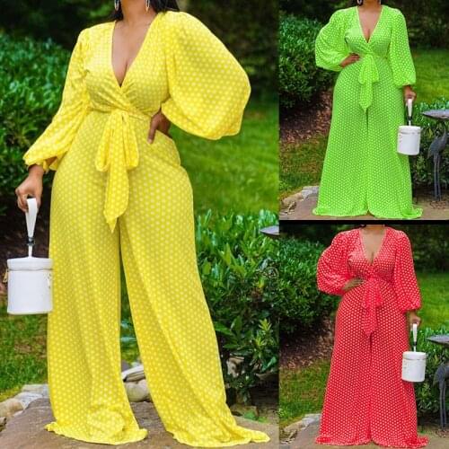2021 Autumn Women Casual Jumpsuits Dot Print Long Lantern Sleeves Lace Up V-Neck Loose Wide Leg Pants Rompers 2021 Autumn S-XL