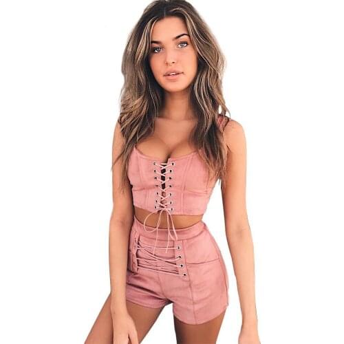 2 Piece set Women crop top Clothes set Sleeveless Lace Up Crop Top and Shorts Bodycon Outfit harajuku Sexy Casual Streetwear