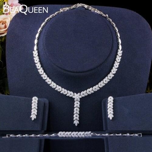 BeaQueen Elegant Cubic Zirconia Paved Long Wheat Earrings Bracelet and Pendant Necklace 3pcs Bridal Wedding Jewelry Sets JS243