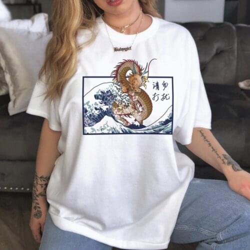 Great Wave Chinese Dragon Oversized T Shirt Vintage Harajuku Streetwear Top White Tshirt Women Grunge Aesthetic T-shirts Clothes