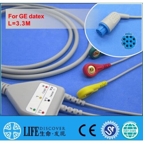 One piece ECG cable with 3 snap lead wires for GE datex patient monitor