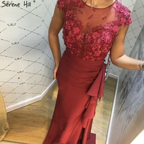 Wine Red Mermaid Sexy Satin Prom Dresses 2020 Sleeveless Beading Handmade Flowers Prom Gowns Serene Hill LA70360