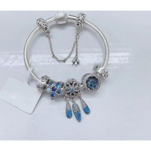 Hot Sale 925 Sterling Silver Blue Shadow Catching Charm With Classic Round Bracelet Suitable For Womens Party Gift Diy Jewelry