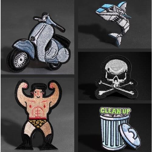 Mechanical shark cartoon embroidery patches Skeleton electric vehicle Trash Hercules DIY decorative Decal ironing on clothes