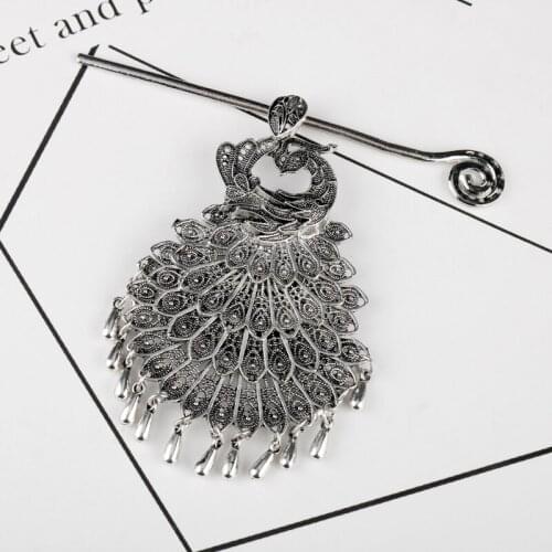 Ethnic Vintage Silver Color Flower Peacock Feather Hairpin Long Tassel Hair Sticks Costume Stage Show Women Headwear Accessories