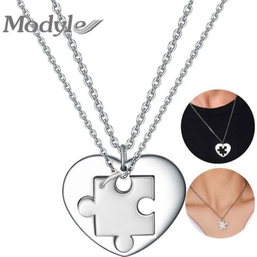 Modyle Fashion 2pcs/Set Heart Puzzle Pendant Necklace For Women Men Stainless Steel Couple Wedding Jewelry Necklace