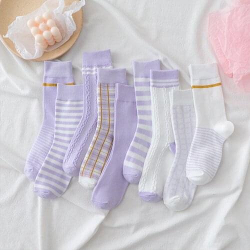 Socks Women Tube Socks Sweet Taro Purple Japanese Cute Striped Plaid Girl Socks Cotton All-match Fresh Autumn and Winter Match