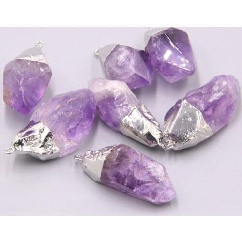 Wholesale 10 Pcs Silver Plated Irregular Shape Amethysts Stone Pendant Ethnic Style Jewelry