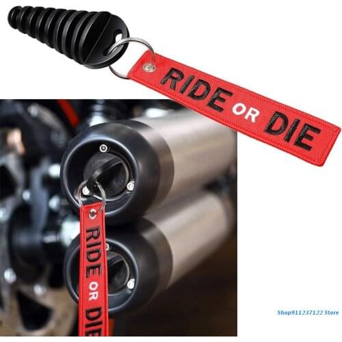 P82B Silencer Muffler Exhaust Pipe Motorcycle ATV Scooter Bike Key Holder Embroidery RIDE OR DIE Pattern Key Tag