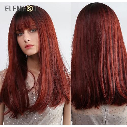Element Synthetic Long Straight Wine Red Wig With Bangs Dark Root Ombre Burgundy Hair Cosplay Wigs For Women