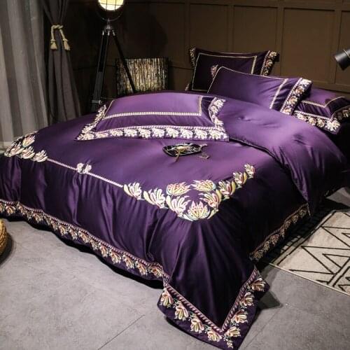 120S Egyptian Cotton purple Embroidery Luxury Bedding Set 4pcs King Queen Wedding Bed Sheet Cover set Duvet Cover Pillowcase