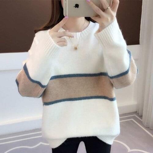 Korean Sweater Autumn And Winter Loose Stitching Round Neck Simple Harajuku Style Pullover High Street Casual Em