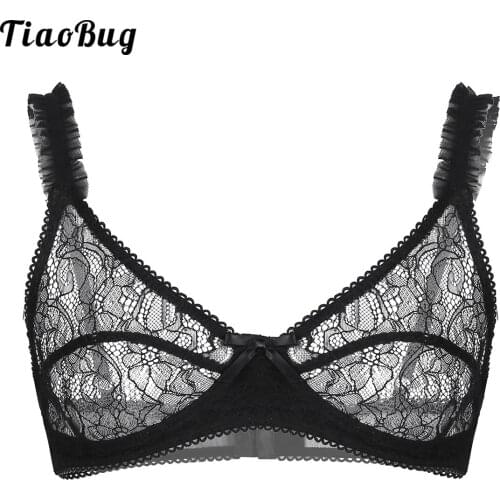 TiaoBug Mens Sissy Soft See Through Sheer Floral Lace Lingerie Bra Adjustable Spaghetti Straps Wire-Free No Padded Bralette Tops