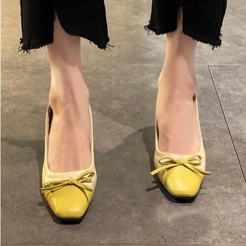 Women Pumps High Heels Dress Shoes Patchwork Boat Shoes Square Toe Bowtie Thin Heeled Ladies Shoes Zapatos Mujer Autumn 9303L